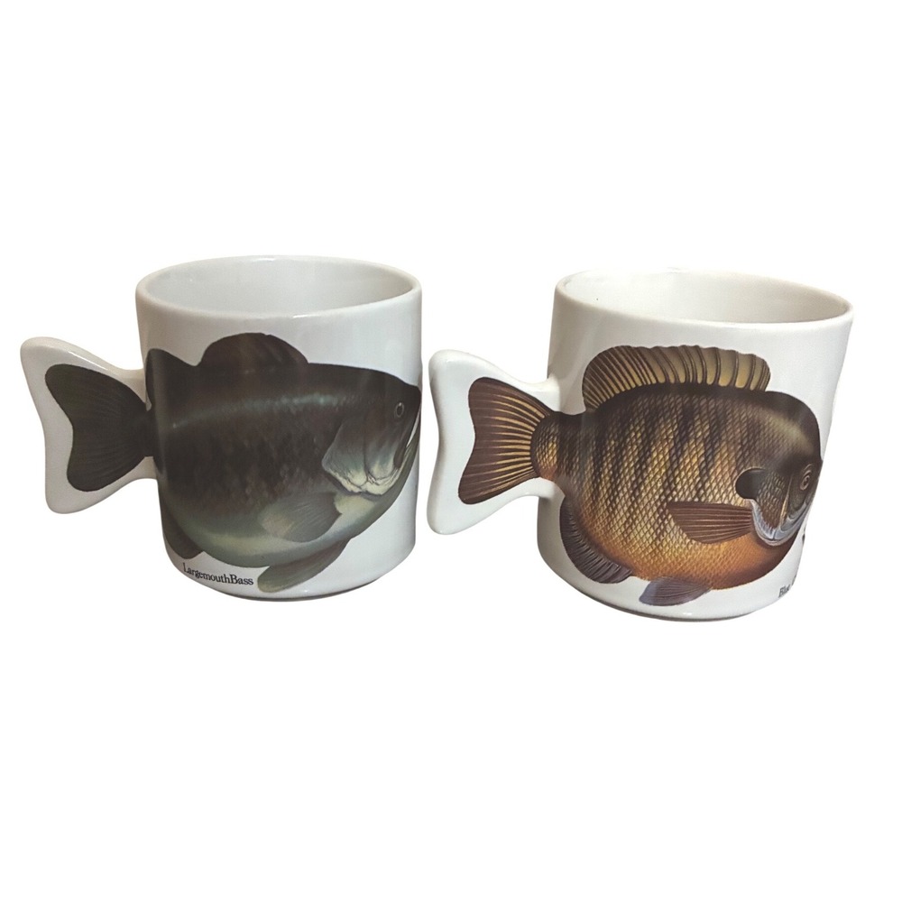 Vintage Fish Mug Set Bass Bluegill Salamander Taiwan Fishing Cabin Decor